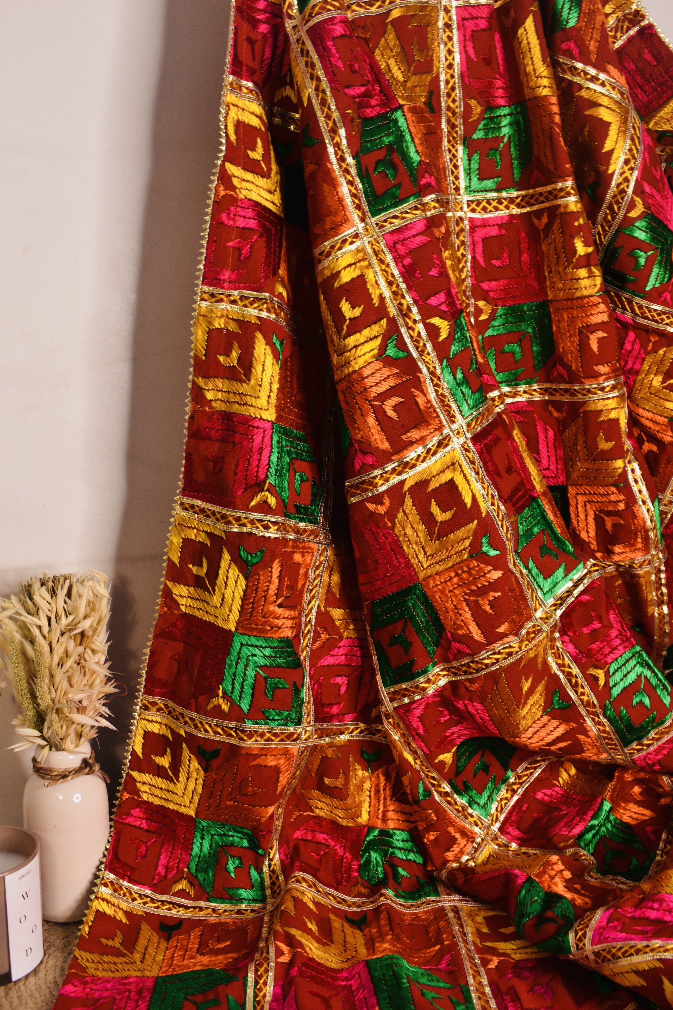 Golden,Red and Green colour hotsell Phulkari Dupatta